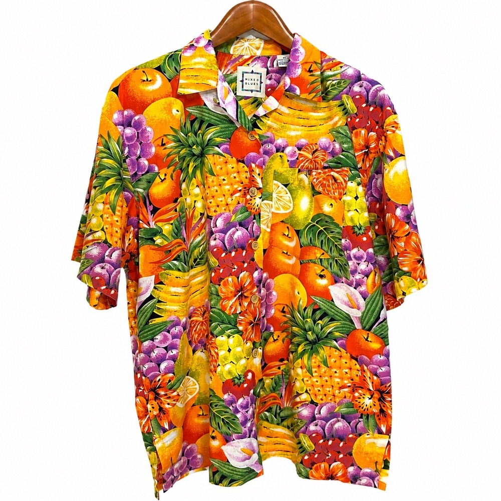 VTG Mixed Blues Womens Medium Tropical Fruit Print Cotton Shirt Short Sleeve